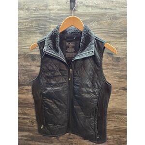 LL Bean Womens Quilted Sherpa Lined Vest Black Full Zip 291762 Small Regular